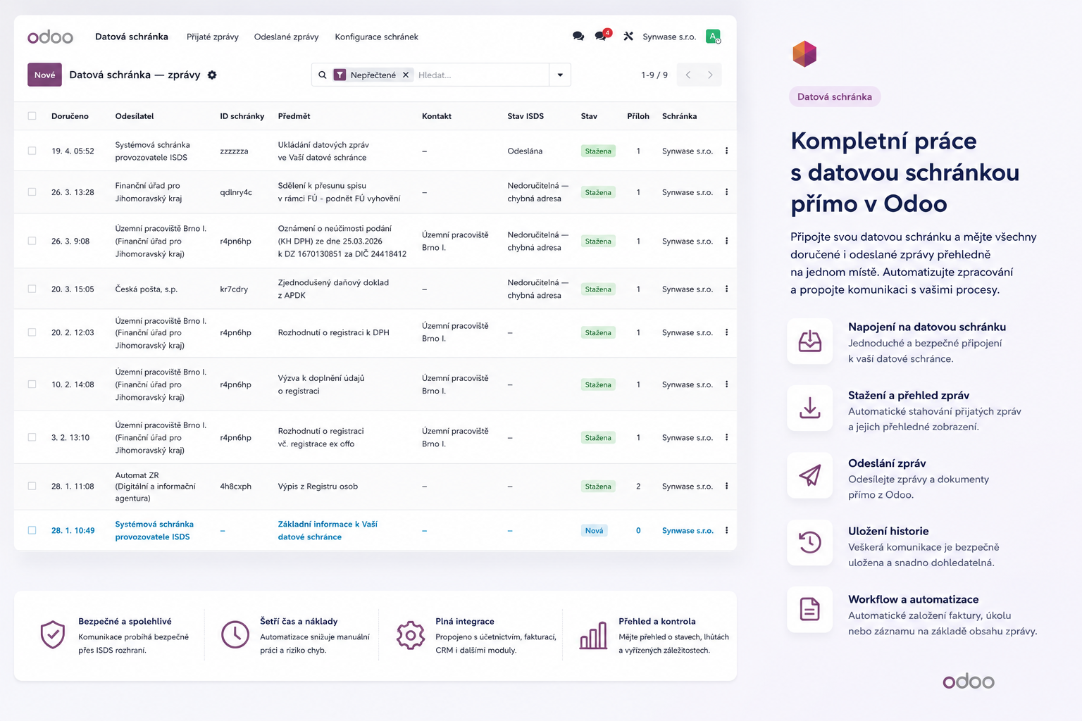 Odoo — datové schránky a elektronická fakturace
